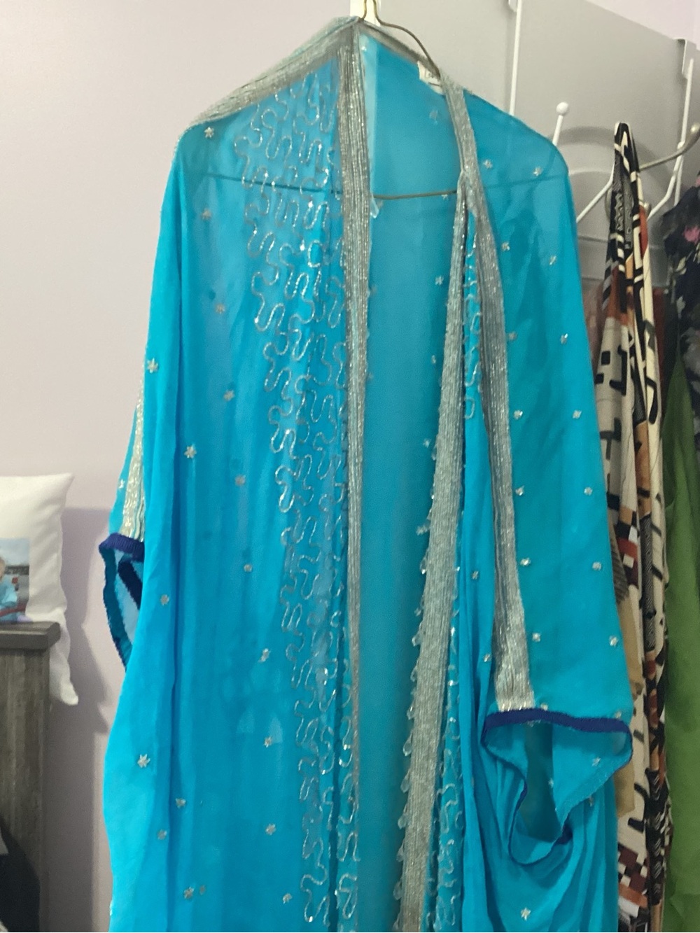 Turquoise Embellished Sheer Kimono Wrap